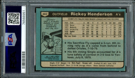 Rickey Henderson Autographed 1980 Topps Rookie Card #482 Oakland A's PSA 6 Auto Grade Gem Mint 10 PSA/DNA #76568951