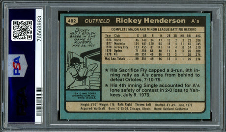 Rickey Henderson Autographed 1980 Topps Rookie Card #482 Oakland A's PSA 6 Auto Grade Gem Mint 10 PSA/DNA #76568983