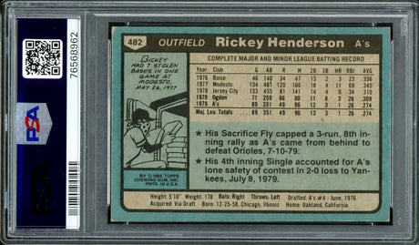 Rickey Henderson Autographed 1980 Topps Rookie Card #482 Oakland A's PSA 5 Auto Grade Gem Mint 10 PSA/DNA #76568962
