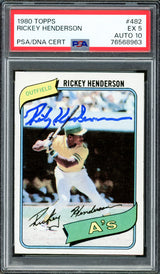 Rickey Henderson Autographed 1980 Topps Rookie Card #482 Oakland A's PSA 5 Auto Grade Gem Mint 10 PSA/DNA #76568963