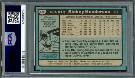 Rickey Henderson Autographed 1980 Topps Rookie Card #482 Oakland A's PSA 7 Auto Grade Mint 9 PSA/DNA #76568974