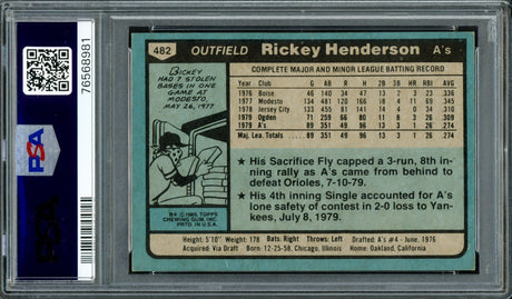 Rickey Henderson Autographed 1980 Topps Rookie Card #482 Oakland A's PSA 7 Auto Grade Mint 9 PSA/DNA #76568981