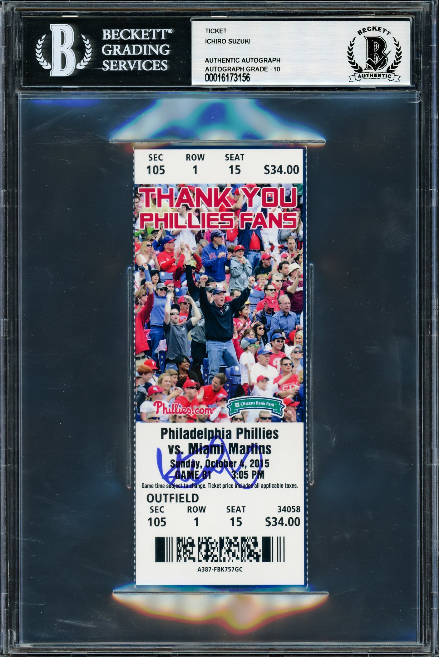 Ichiro Suzuki Autographed October 4th, 2015 MLB Pitching Debut Ticket Seattle Mariners Auto Grade Gem Mint 10 Beckett BAS #16173156