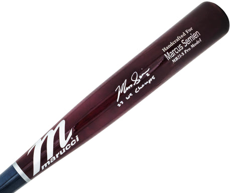 Marcus Semien Autographed Maroon/Navy Marucci Player Model Bat Texas Rangers "23 WS Champs" Beckett BAS Witness Stock #221358
