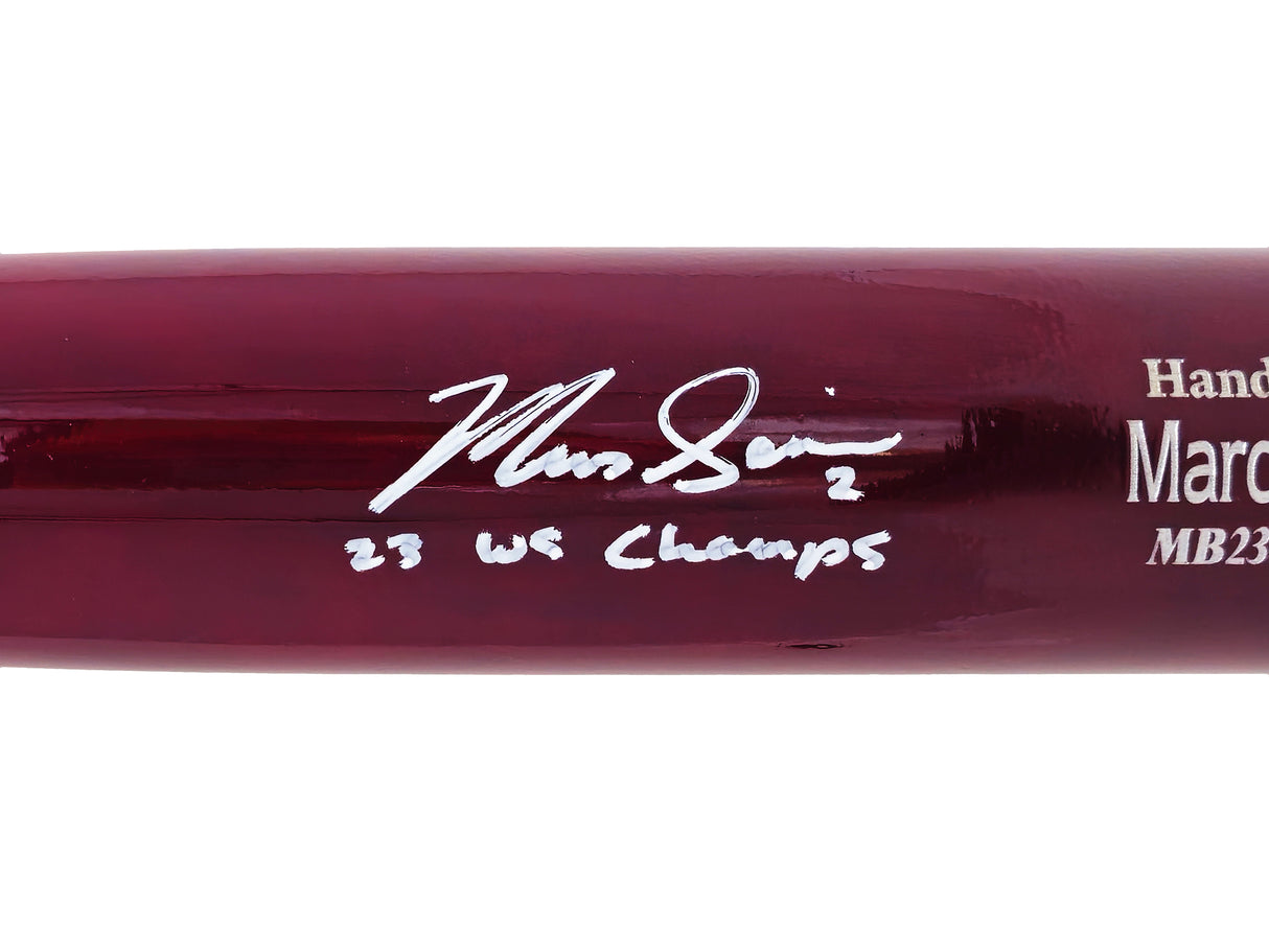 Marcus Semien Autographed Maroon/Navy Marucci Player Model Bat Texas Rangers "23 WS Champs" Beckett BAS Witness Stock #221358