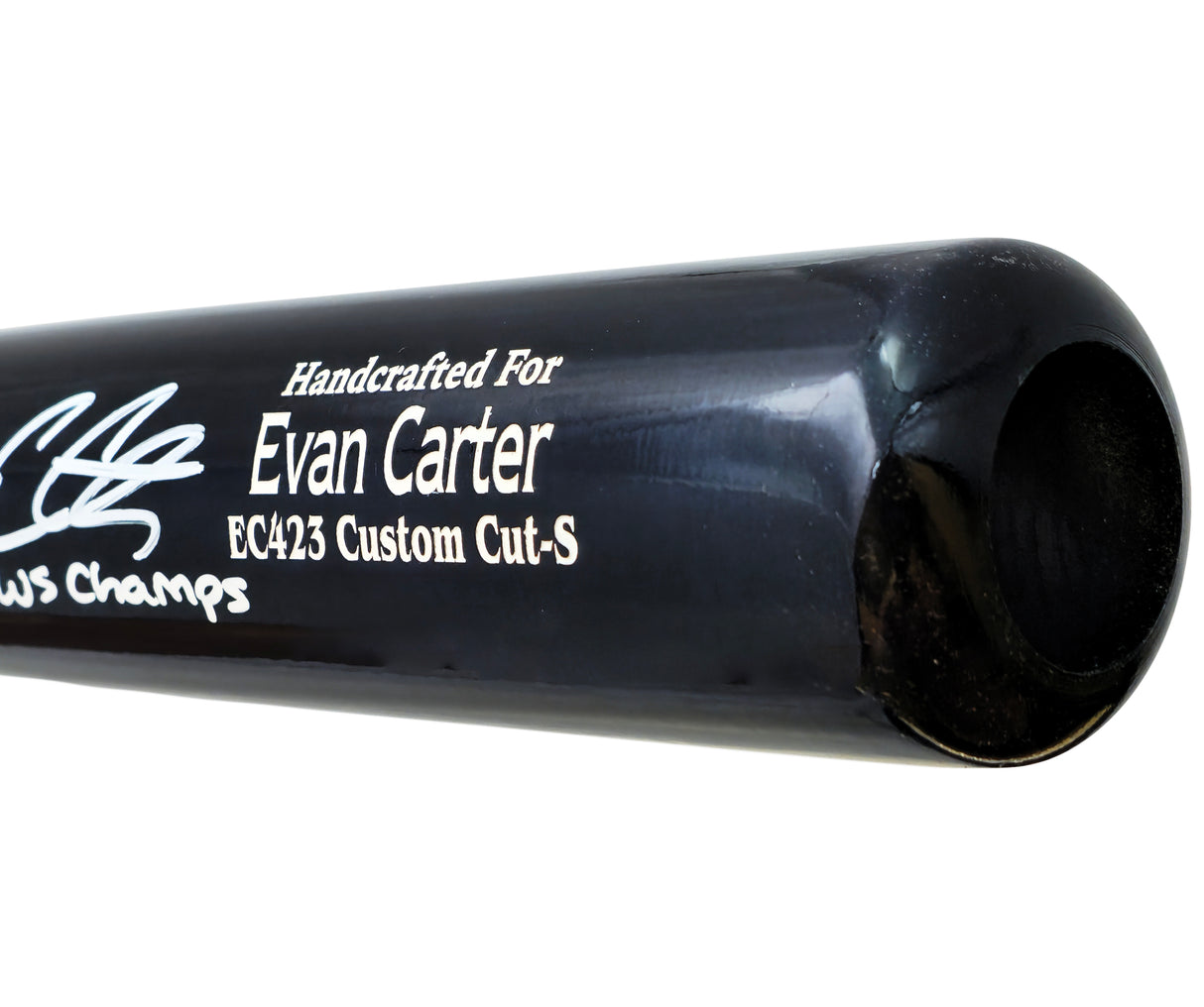 Evan Carter Autographed Navy/Grey Marucci Player Model Bat Texas Rangers "23 WS Champs" Beckett BAS Witness Stock #221364