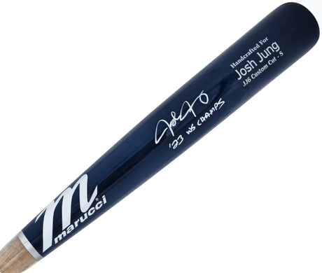 Josh Jung Autographed Navy/Grey Marucci Player Model Bat Texas Rangers "23 WS Champs" Beckett BAS Witness Stock #221363