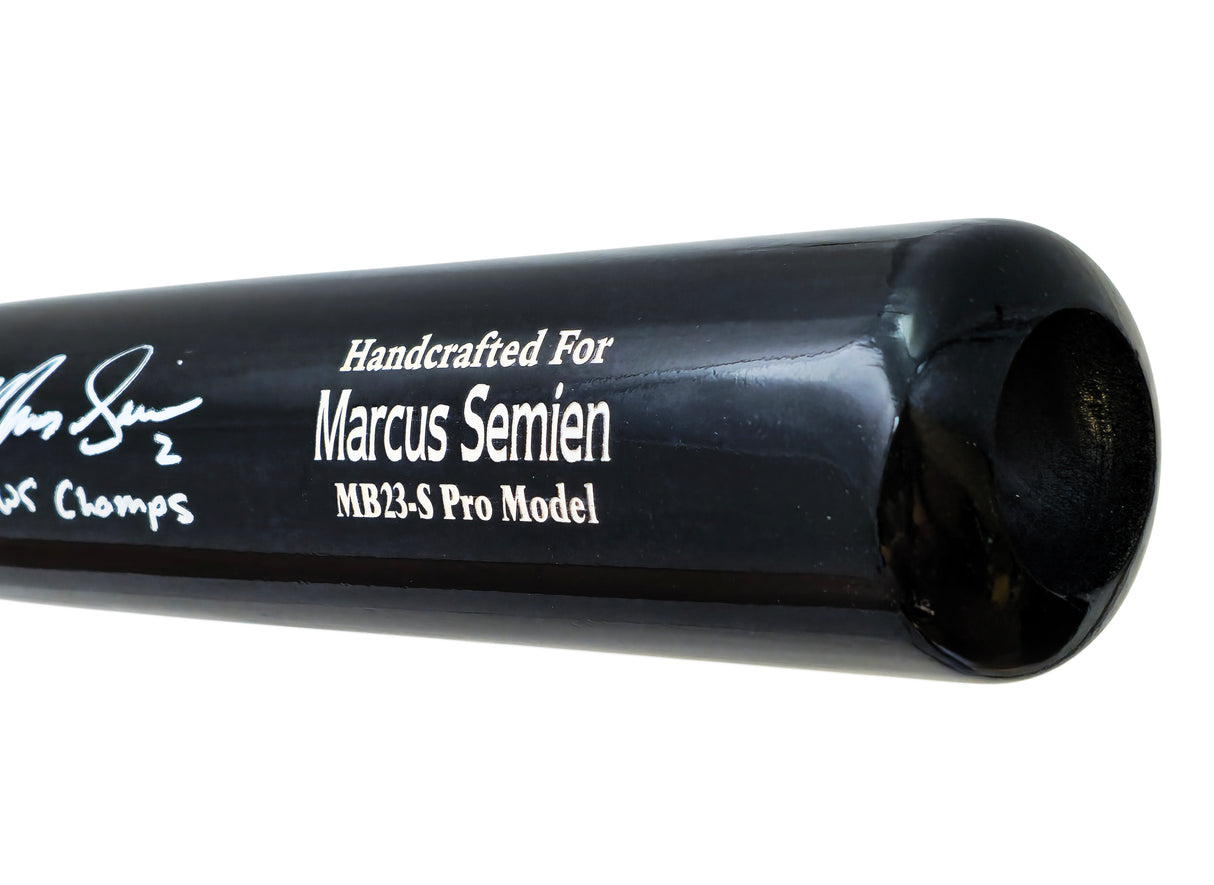 Marcus Semien Autographed Black/White Marucci Player Model Bat Texas Rangers "23 WS Champs" Beckett BAS Witness Stock #221359