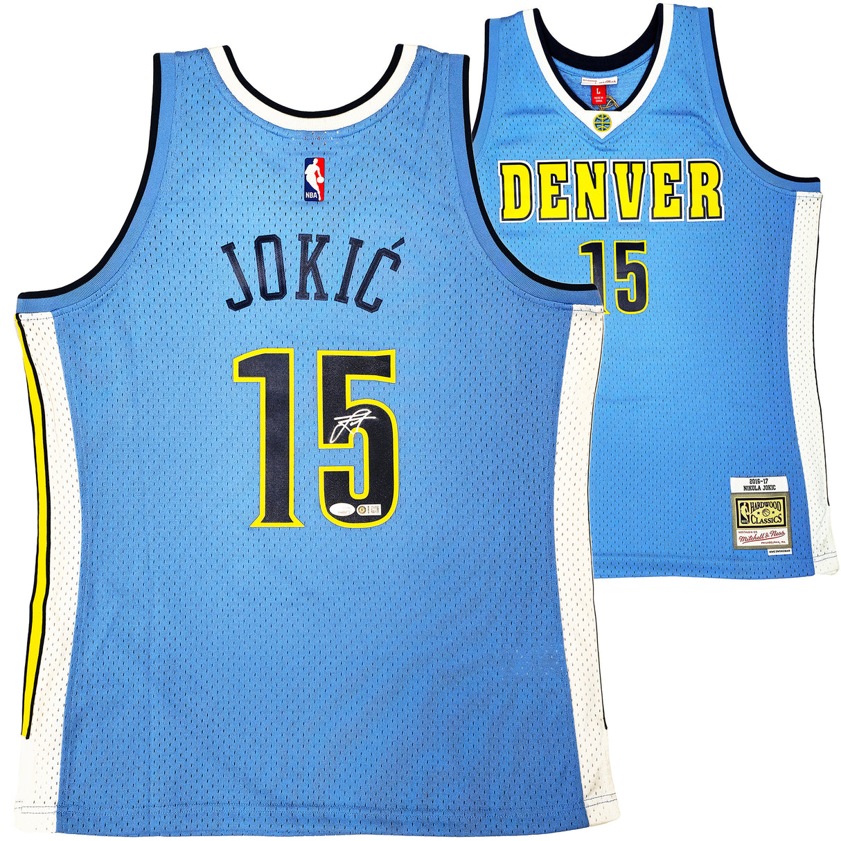 Denver Nuggets Nikola Jokic Autographed Blue Authentic Mitchell & Ness 2016 HWC Swingman Rookie Year Jersey Size L JSA Stock #221500