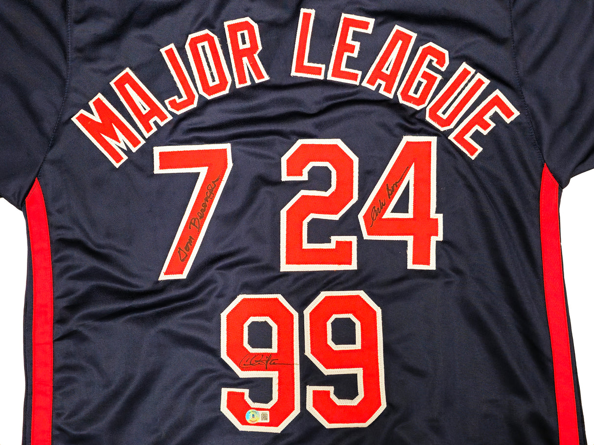 Major League Charlie Sheen, Corbin Bernsen & Tom Berenger Autographed Navy Jersey Beckett BAS Witness Stock #221307