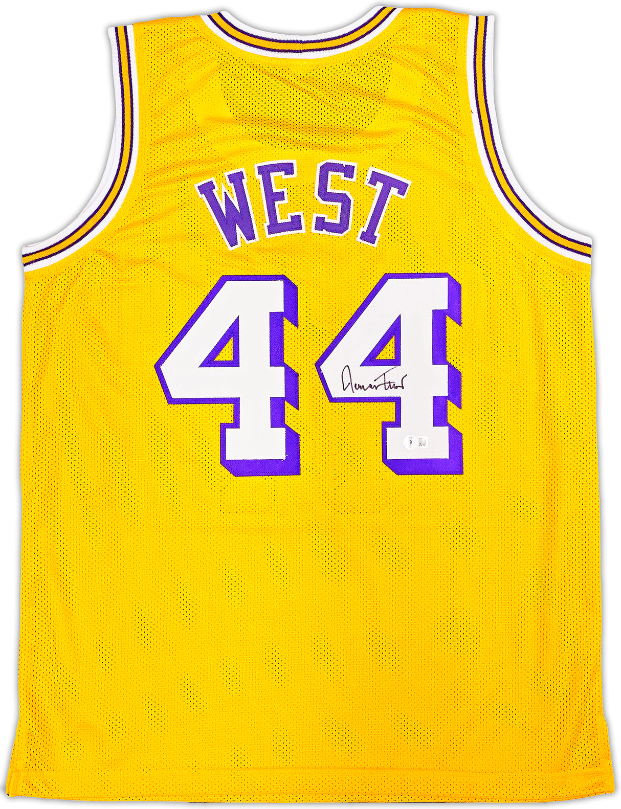 Los Angeles Lakers Jerry West Autographed Yellow Jersey Beckett BAS QR Stock #221334