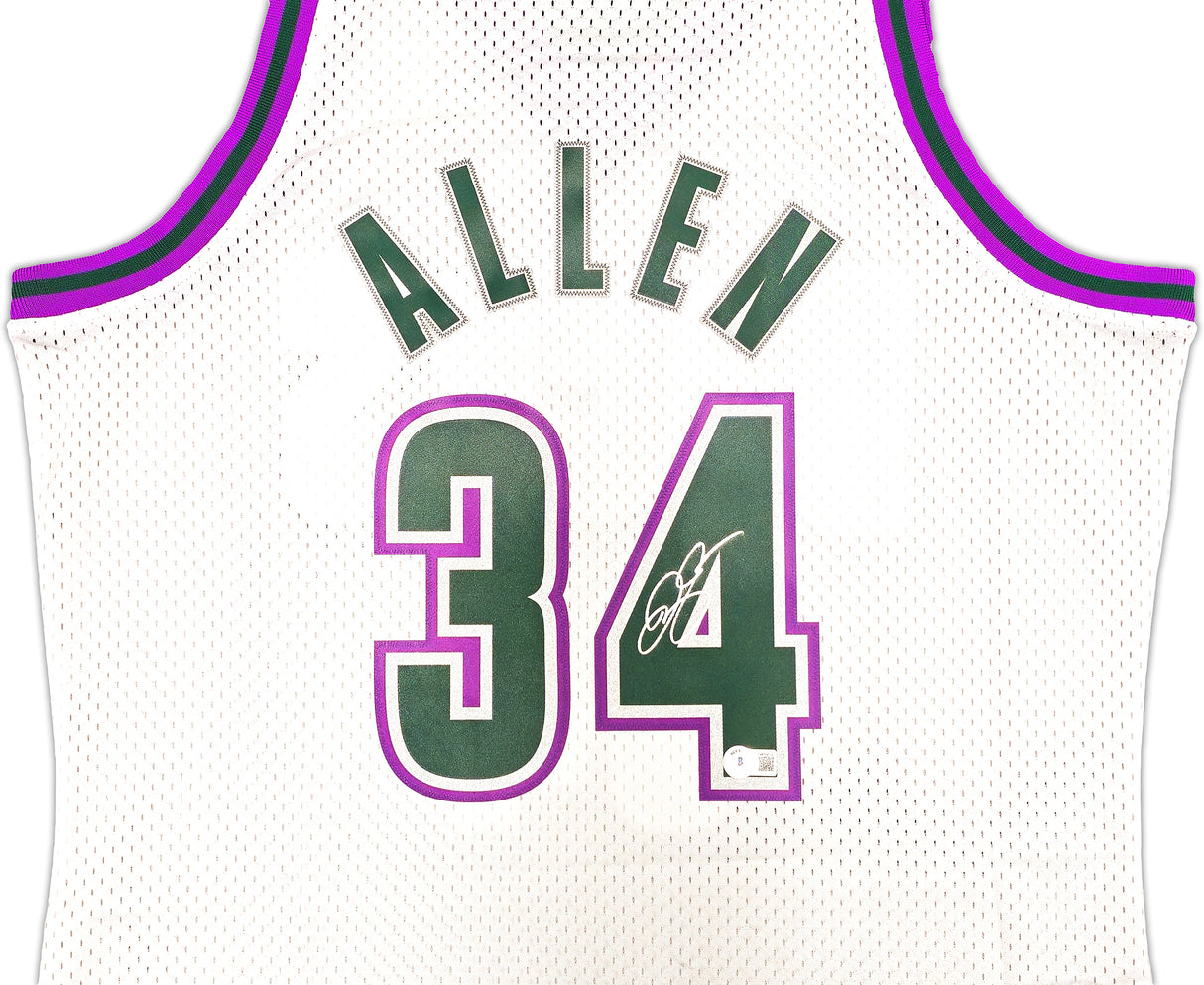 Milwaukee Bucks Ray Allen Autographed White Authentic Mitchell & Ness 1996-97 Ray Allen HWC Swingman Jersey Size L Beckett BAS Witness Stock #221293