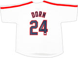 Corbin Bernsen Autographed White Jersey Major League Roger Dorn Beckett BAS Witness Stock #221301