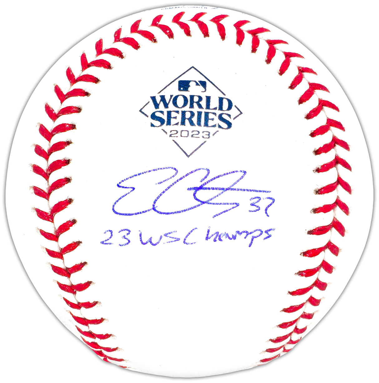 Evan Carter Autographed Official 2023 World Series Logo MLB Baseball Texas Rangers "23 WS Champs" Beckett BAS Witness Stock #221323