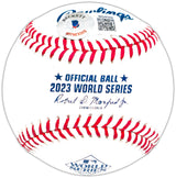 Evan Carter Autographed Official 2023 World Series Logo MLB Baseball Texas Rangers "23 WS Champs" Beckett BAS Witness Stock #221323