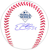 Evan Carter Autographed Official 2023 World Series Logo MLB Baseball Texas Rangers Beckett BAS Witness Stock #221324