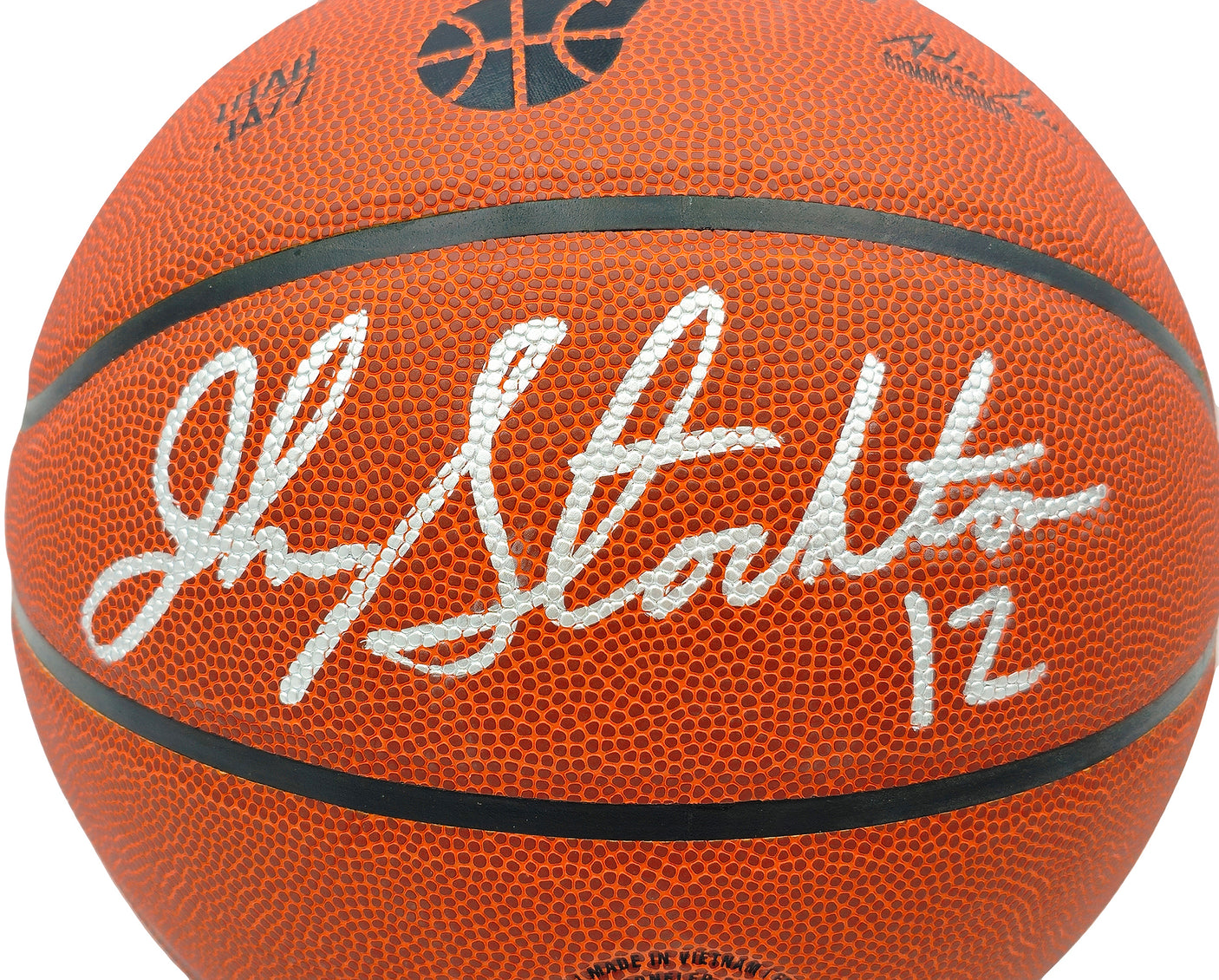 John Stockton & Karl Malone Autographed Composite Leather Utah Jazz Logo Basketball Beckett BAS Witness Stock #235782