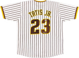 San Diego Padres Fernando Tatis Jr. Autographed White Pinstripes Jersey Beckett BAS Witness Stock #235724