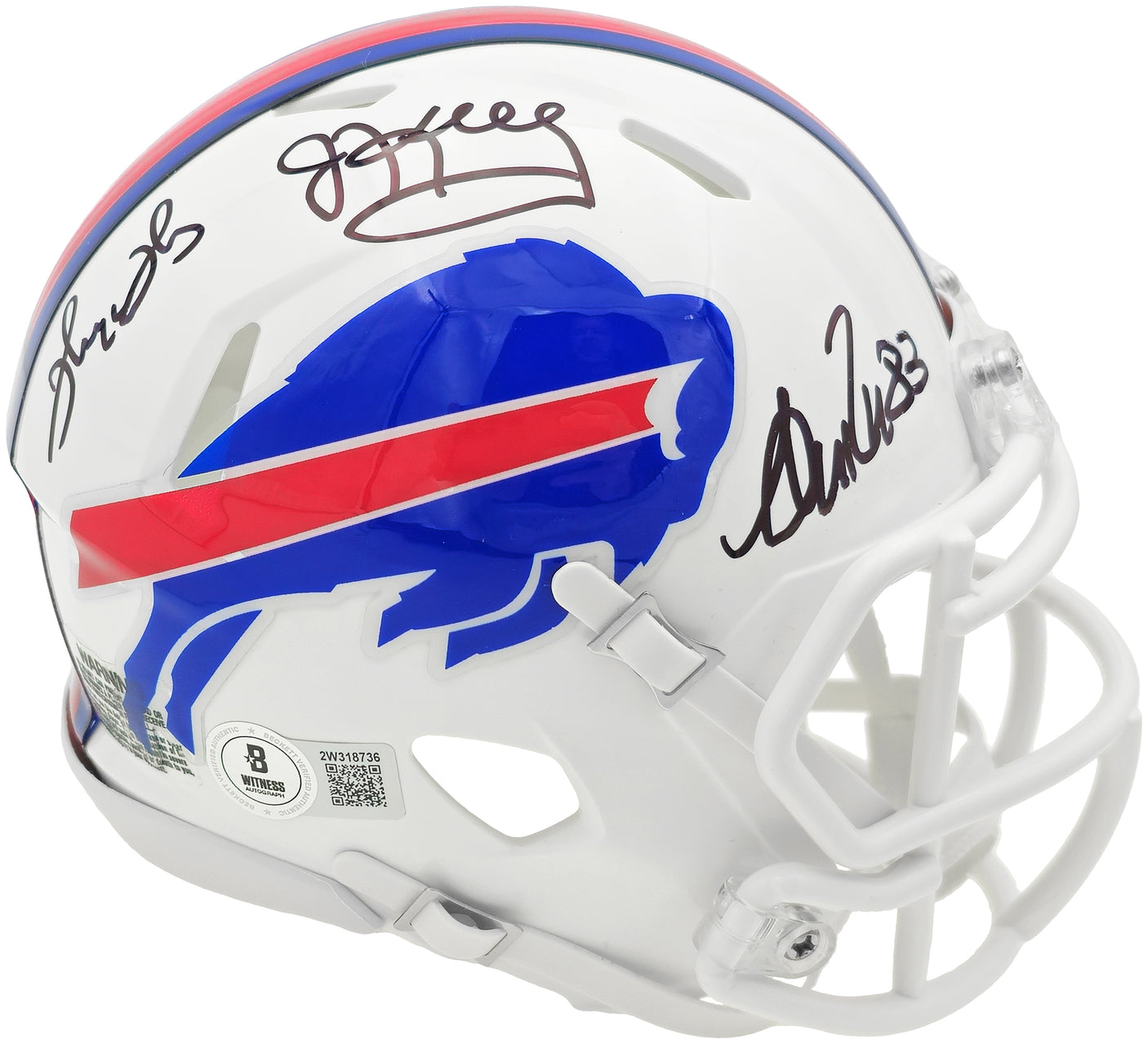 Jim Kelly, Thurman Thomas & Andre Reed Autographed Buffalo Bills Team Greats White Speed Mini Helmet Beckett BAS Witness Stock #236172