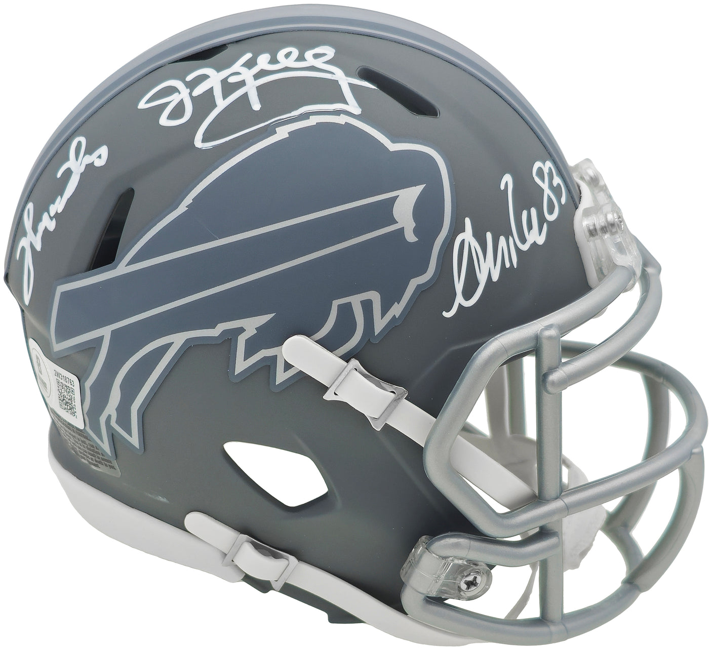 Jim Kelly, Thurman Thomas & Andre Reed Autographed Buffalo Bills Team Greats Slate Gray Speed Mini Helmet Beckett BAS Witness Stock #236173