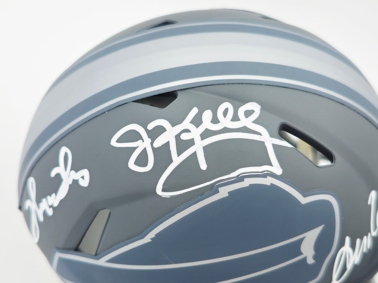 Jim Kelly, Thurman Thomas & Andre Reed Autographed Buffalo Bills Team Greats Slate Gray Speed Mini Helmet Beckett BAS Witness Stock #236173