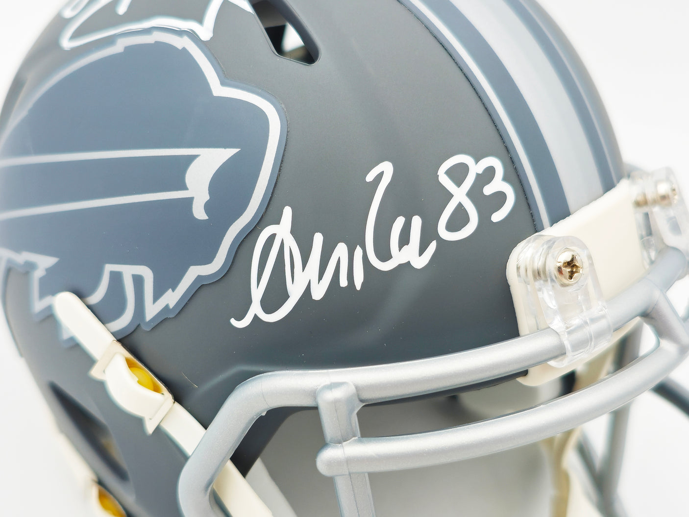 Jim Kelly, Thurman Thomas & Andre Reed Autographed Buffalo Bills Team Greats Slate Gray Speed Mini Helmet Beckett BAS Witness Stock #236173