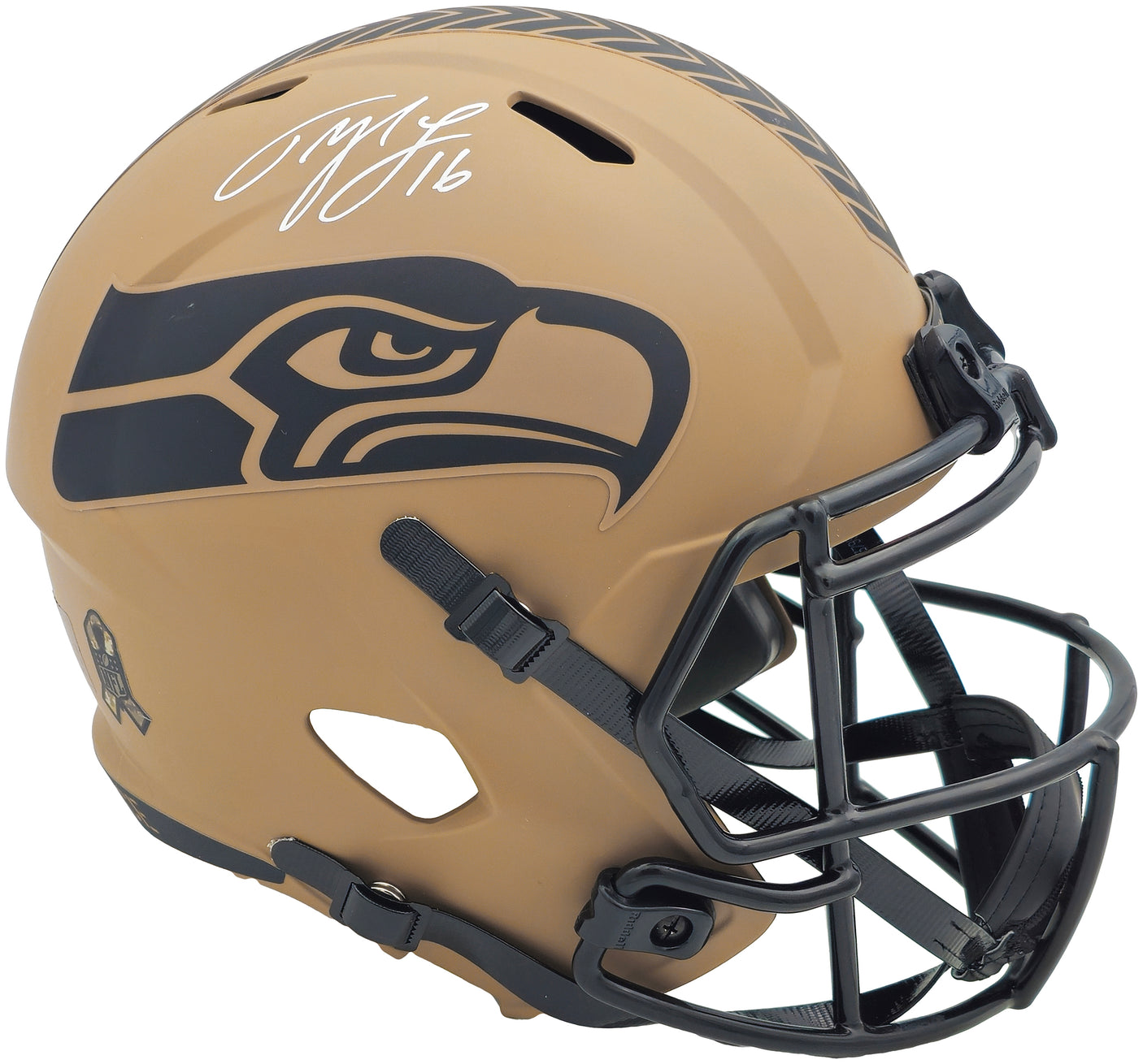 Tyler Lockett Autographed Seattle Seahawks Camo Brown 2023 Salute to Service Full Size Speed Replica Helmet MCS Holo Stock #236384