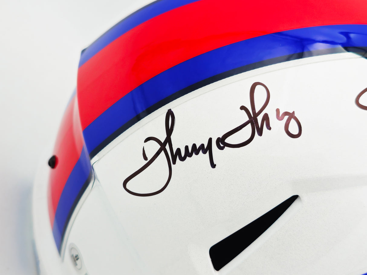 Jim Kelly, Thurman Thomas & Andre Reed Autographed Buffalo Bills Team Greats White Full Size Speed Replica Helmet Beckett BAS Witness Stock #236171