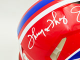 Jim Kelly, Thurman Thomas & Andre Reed Autographed Buffalo Bills Team Greats Red 1987-01 Throwback Full Size Speed Authentic Helmet Beckett BAS Witness Stock #236169
