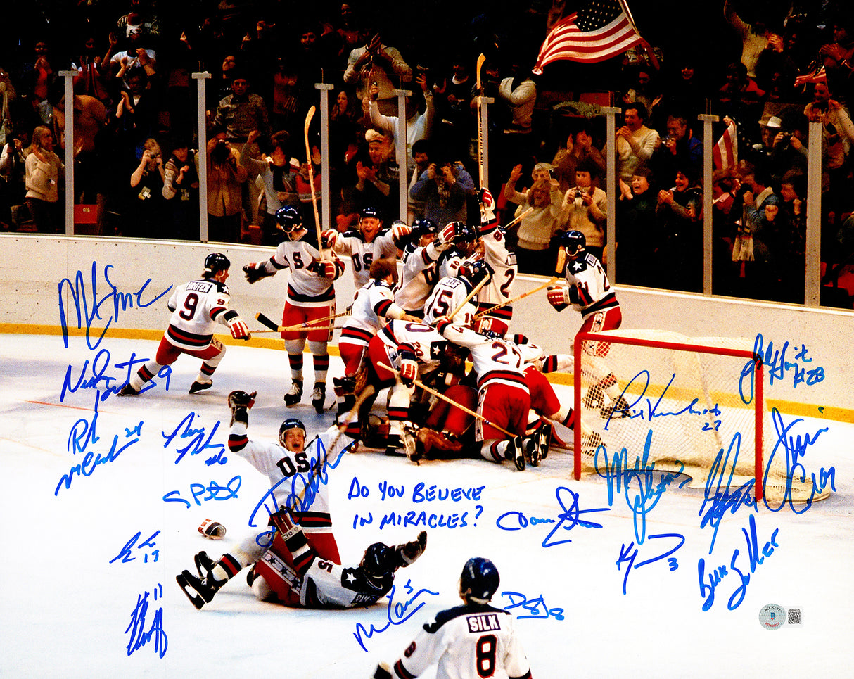 1980 USA Olympics Hockey Miracle On Ice Team Signed Autographed 16x20 Photo "Do You Believe In Miracles?!" With 18 Signatures Including Jim Craig & Mike Eruzione Beckett BAS Witness Stock #236157
