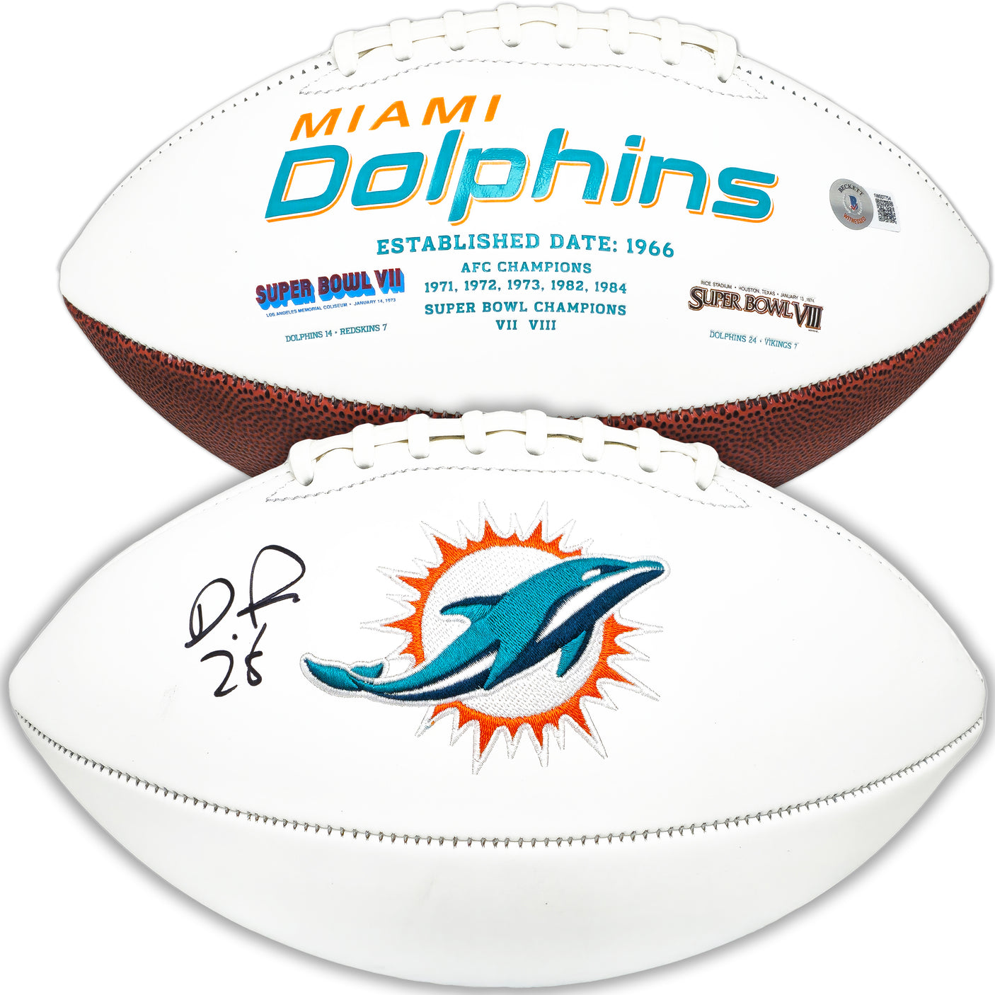 De'Von Achane Autographed Miami Dolphins White Logo Football Beckett BAS Witness Stock #221538