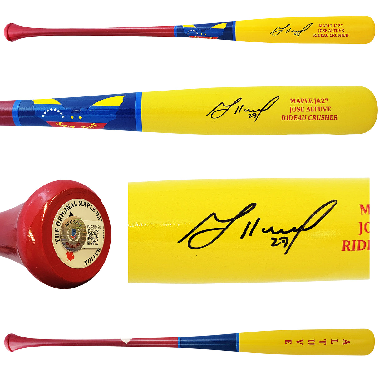 Jose Altuve Autographed Yellow Sam Player Model Bat Houston Astros Beckett BAS Witness Stock #210117