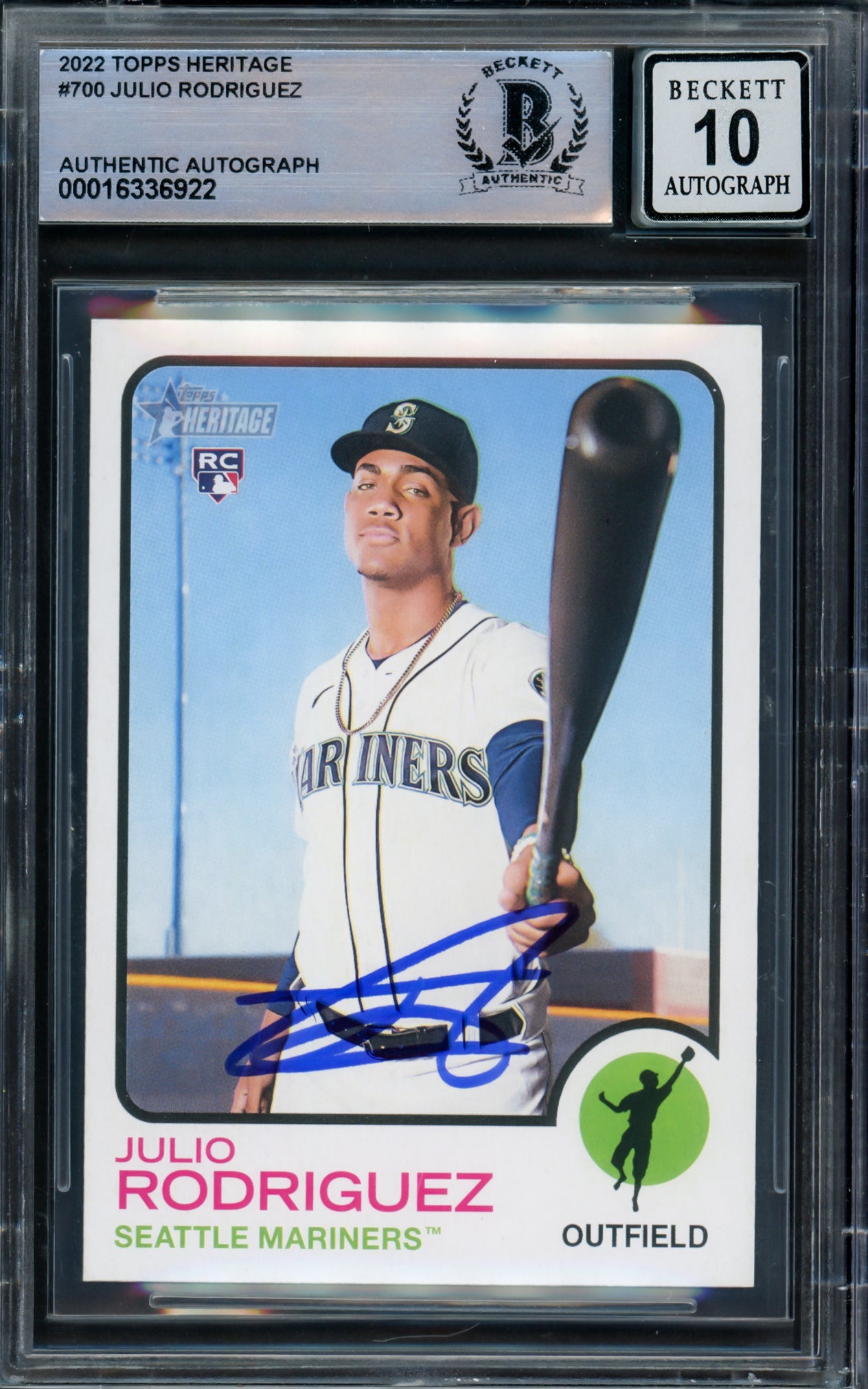 Julio Rodriguez Autographed 2022 Topps Heritage Rookie Card #700 Seattle Mariners Auto Grade Gem Mint 10 Beckett BAS Stock #221550