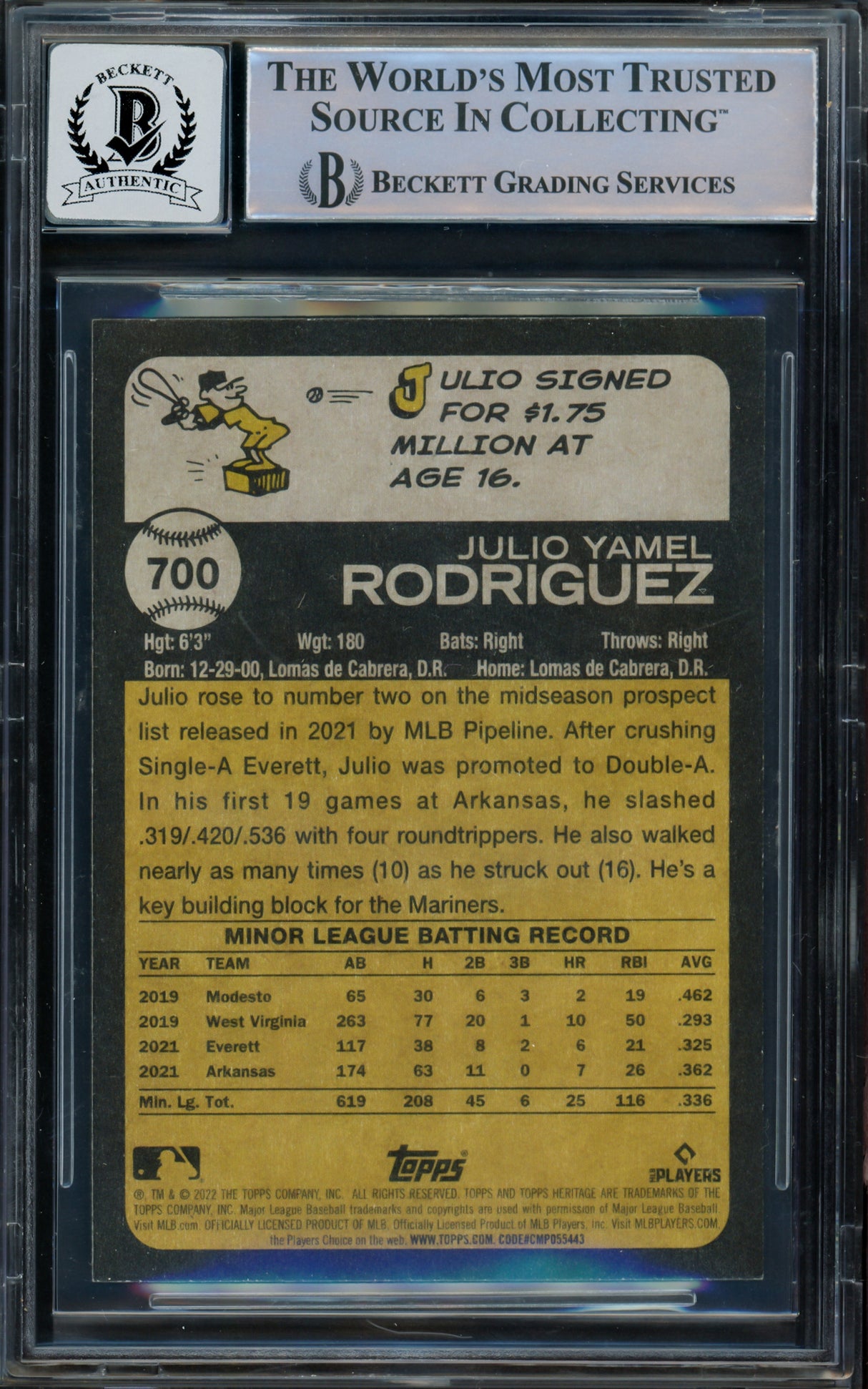 Julio Rodriguez Autographed 2022 Topps Heritage Rookie Card #700 Seattle Mariners Auto Grade Gem Mint 10 Beckett BAS Stock #221550