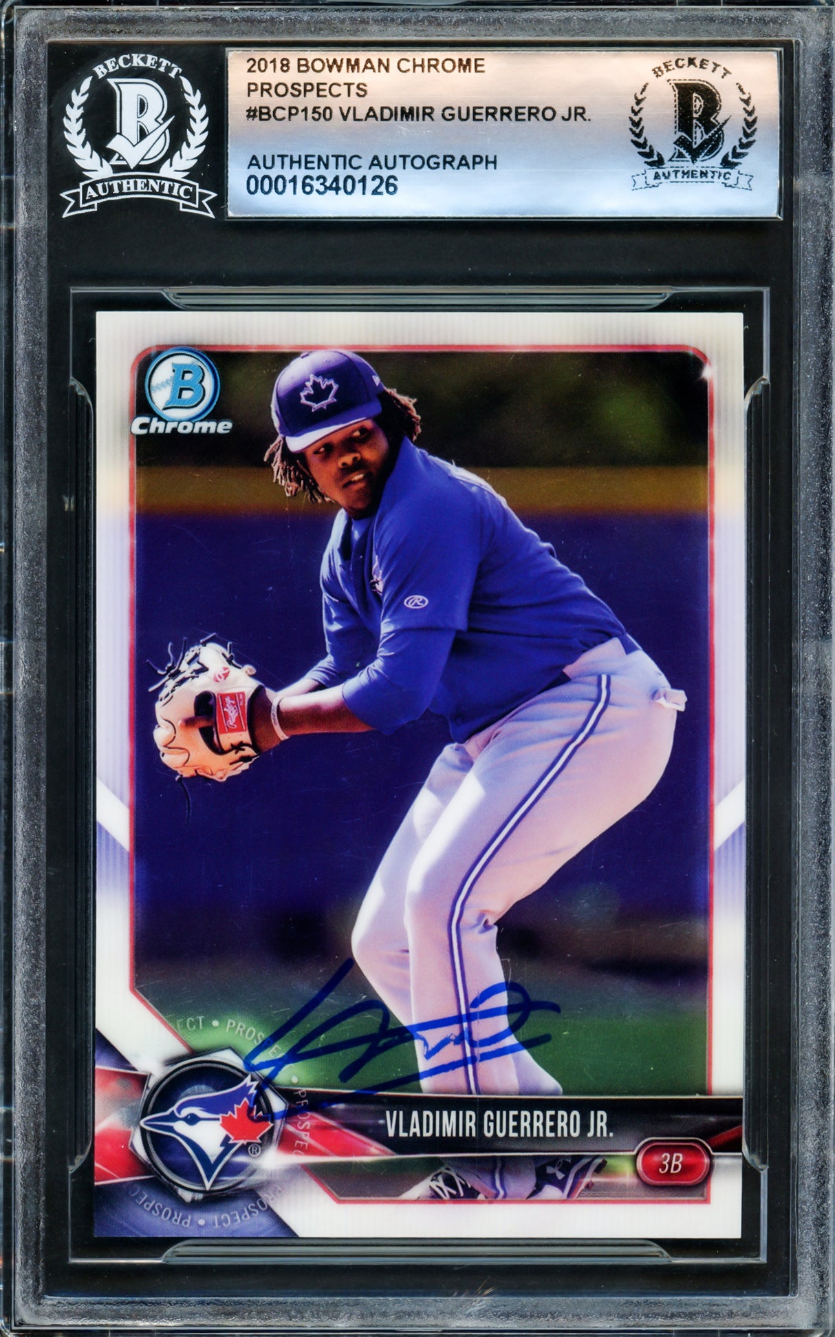 Vladimir Guerrero Jr. Autographed 2018 Bowman Chrome Rookie Card #BCP150 Toronto Blue Jays Beckett BAS Stock #221555