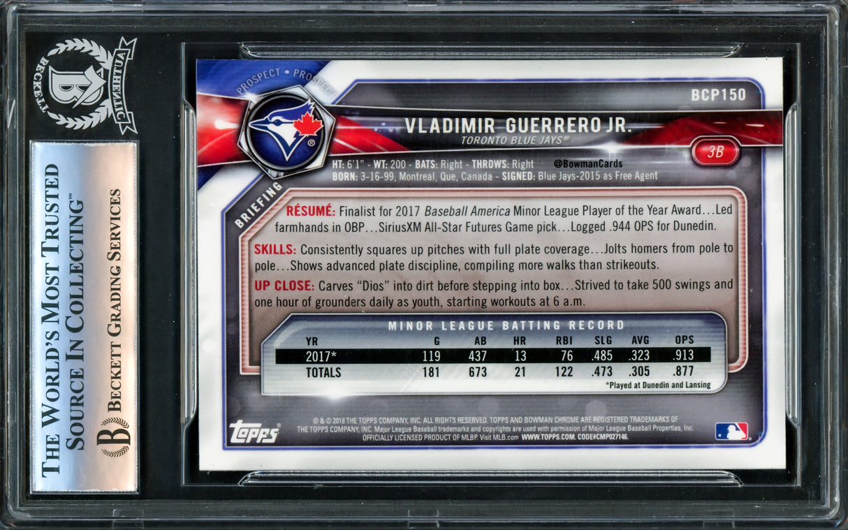 Vladimir Guerrero Jr. Autographed 2018 Bowman Chrome Rookie Card #BCP150 Toronto Blue Jays Beckett BAS Stock #221555