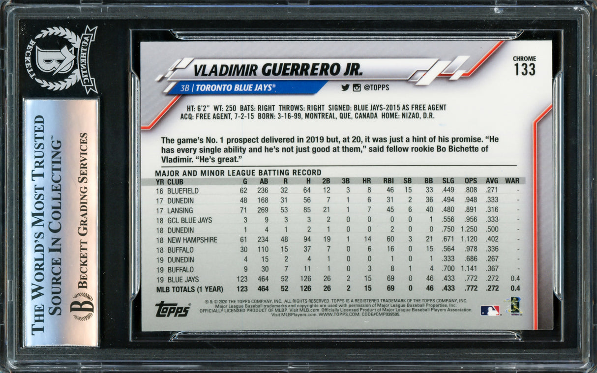 Vladimir Guerrero Jr. Autographed 2020 Topps Chrome Card #133 Toronto Blue Jays Beckett BAS Stock #221556