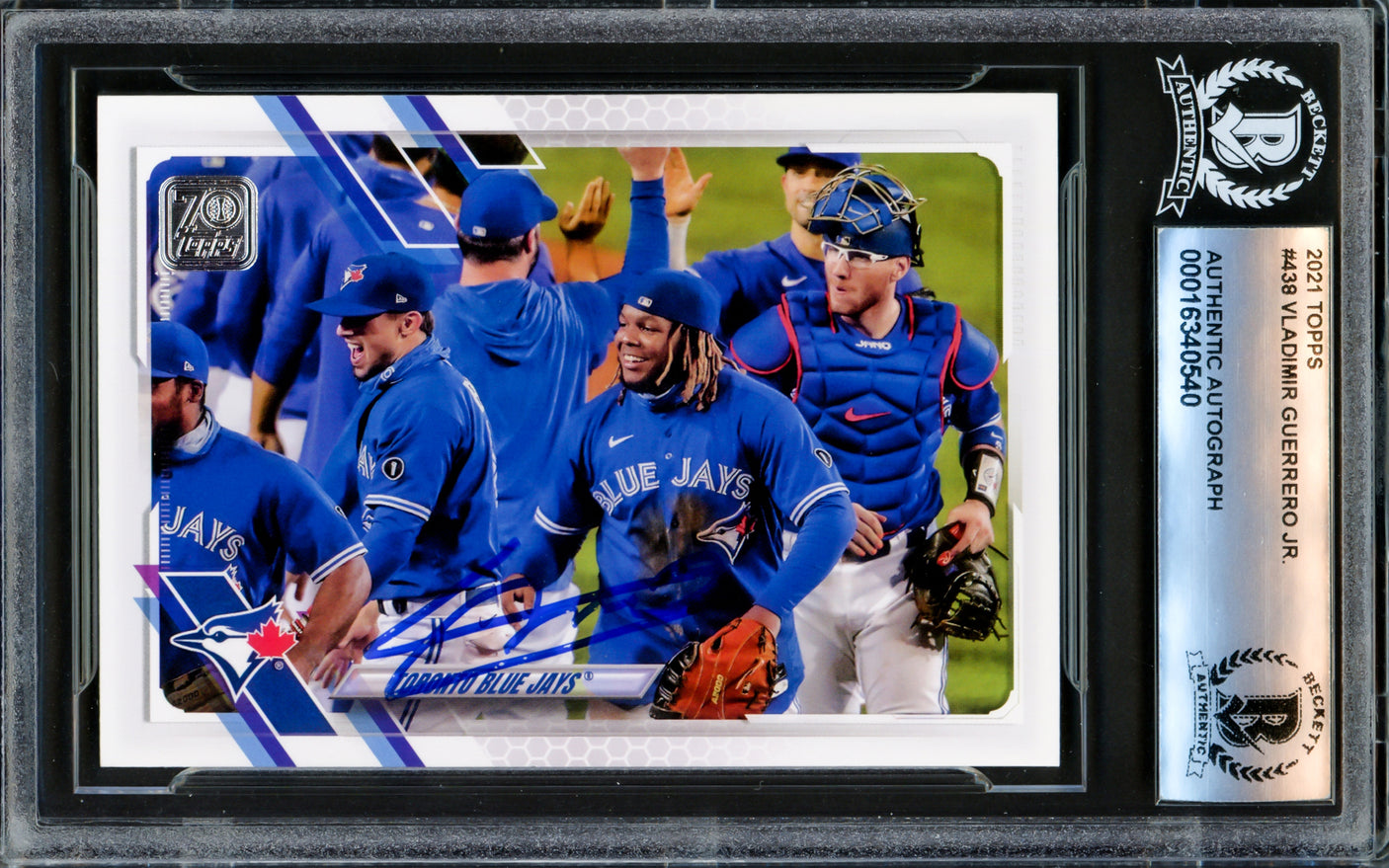 Vladimir Guerrero Jr. Autographed 2021 Topps Card #438 Toronto Blue Jays Beckett BAS Stock #221562