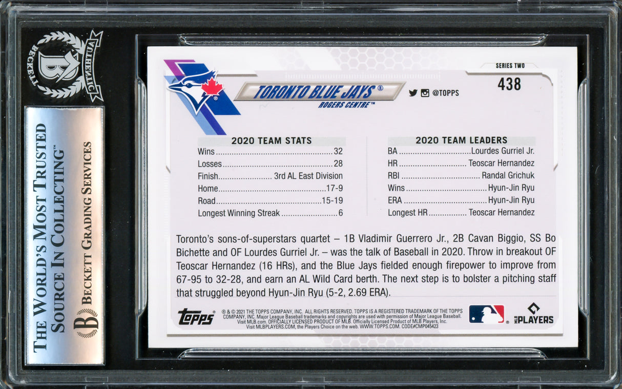 Vladimir Guerrero Jr. Autographed 2021 Topps Card #438 Toronto Blue Jays Beckett BAS Stock #221562