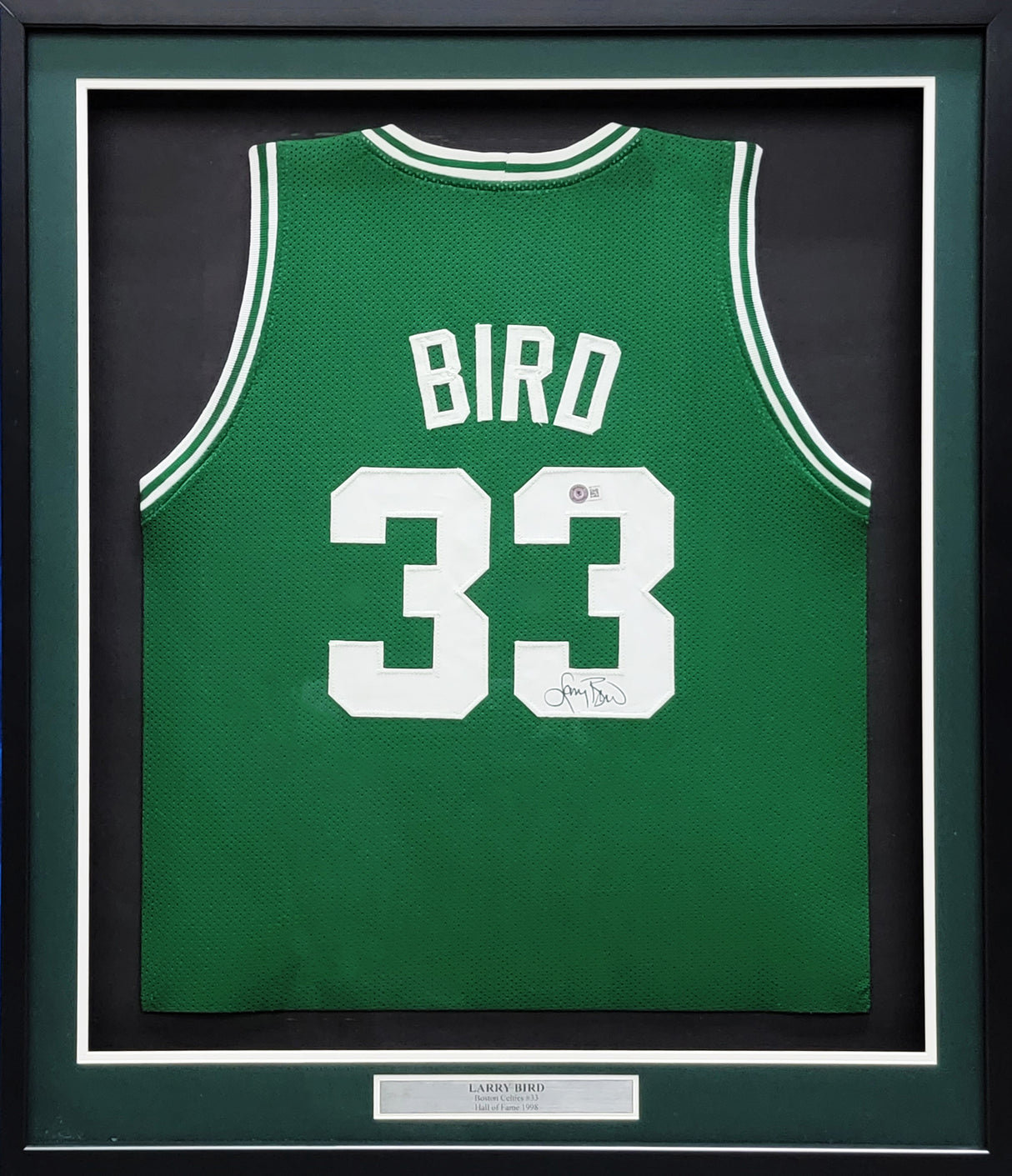 Boston Celtics Larry Bird Autographed Framed Green Jersey Beckett BAS Stock #209452