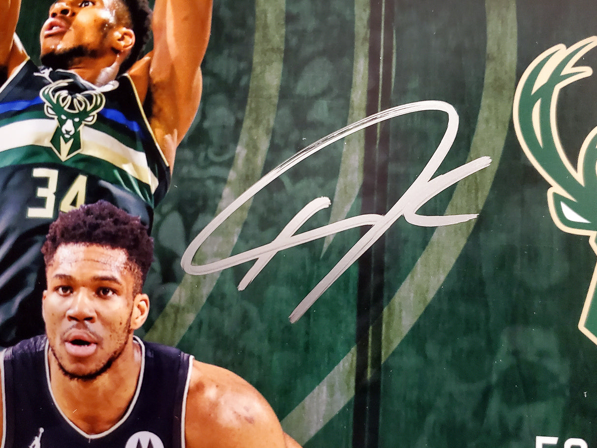 Giannis Antetokounmpo Autographed Framed 16x20 Photo Milwaukee Bucks 2021 Finals MVP Collage Beckett BAS QR Stock #209439
