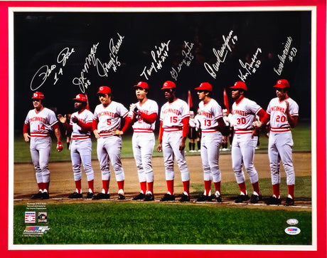 Cincinnati Reds 'The Big Red Machine' Autographed Framed 16x20 Photo With 8 Signatures Including Pete Rose & Johnny Bench PSA/DNA #K76319