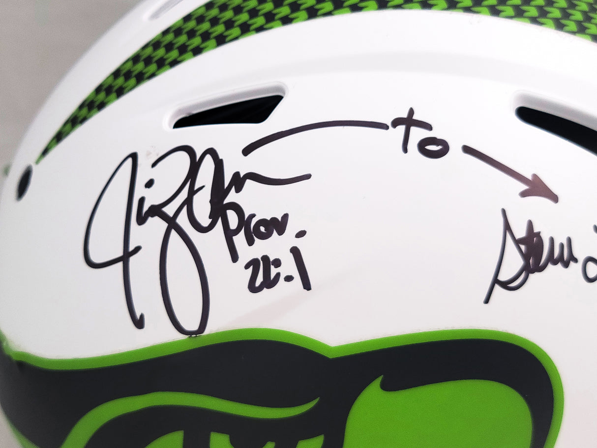 Steve Largent & Jim Zorn Autographed Seattle Seahawks Lunar Eclipse White Full Size Authentic Speed Helmet "TD Seahawks!" MCS Holo Stock #210446