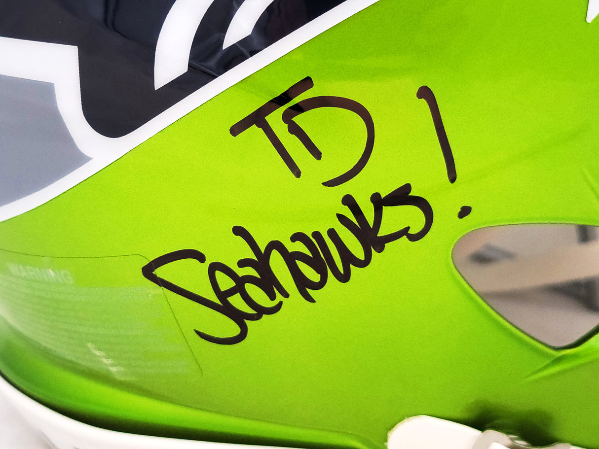 Steve Largent & Jim Zorn Autographed Seattle Seahawks Flash Green Full Size Authentic Speed Helmet "TD Seahawks!" MCS Holo Stock #210448