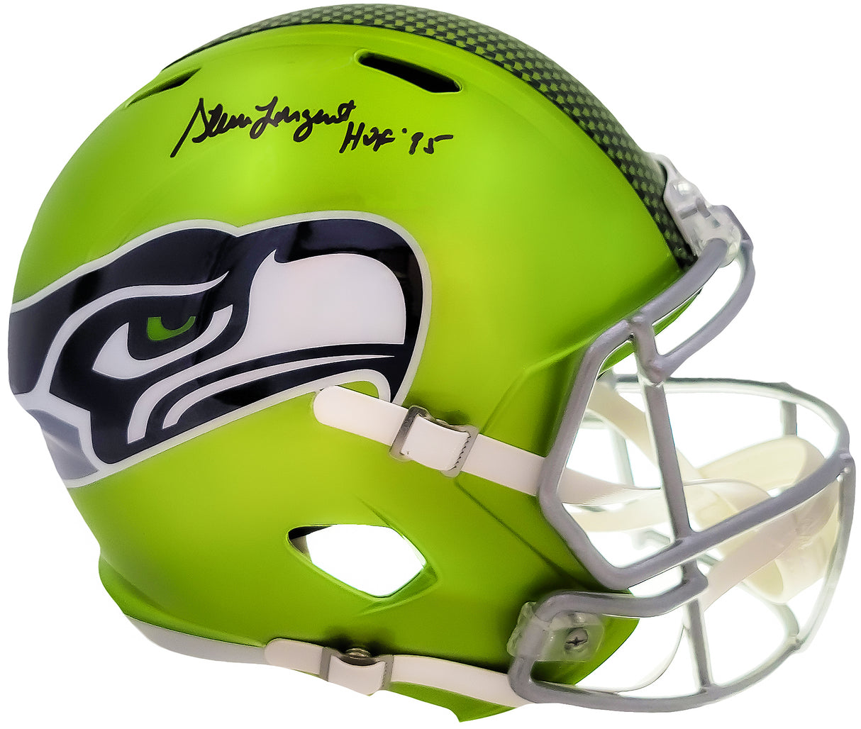 Steve Largent Autographed Seattle Seahawks Flash Green Full Size Replica Speed Helmet "HOF 95" MCS Holo Stock #210460
