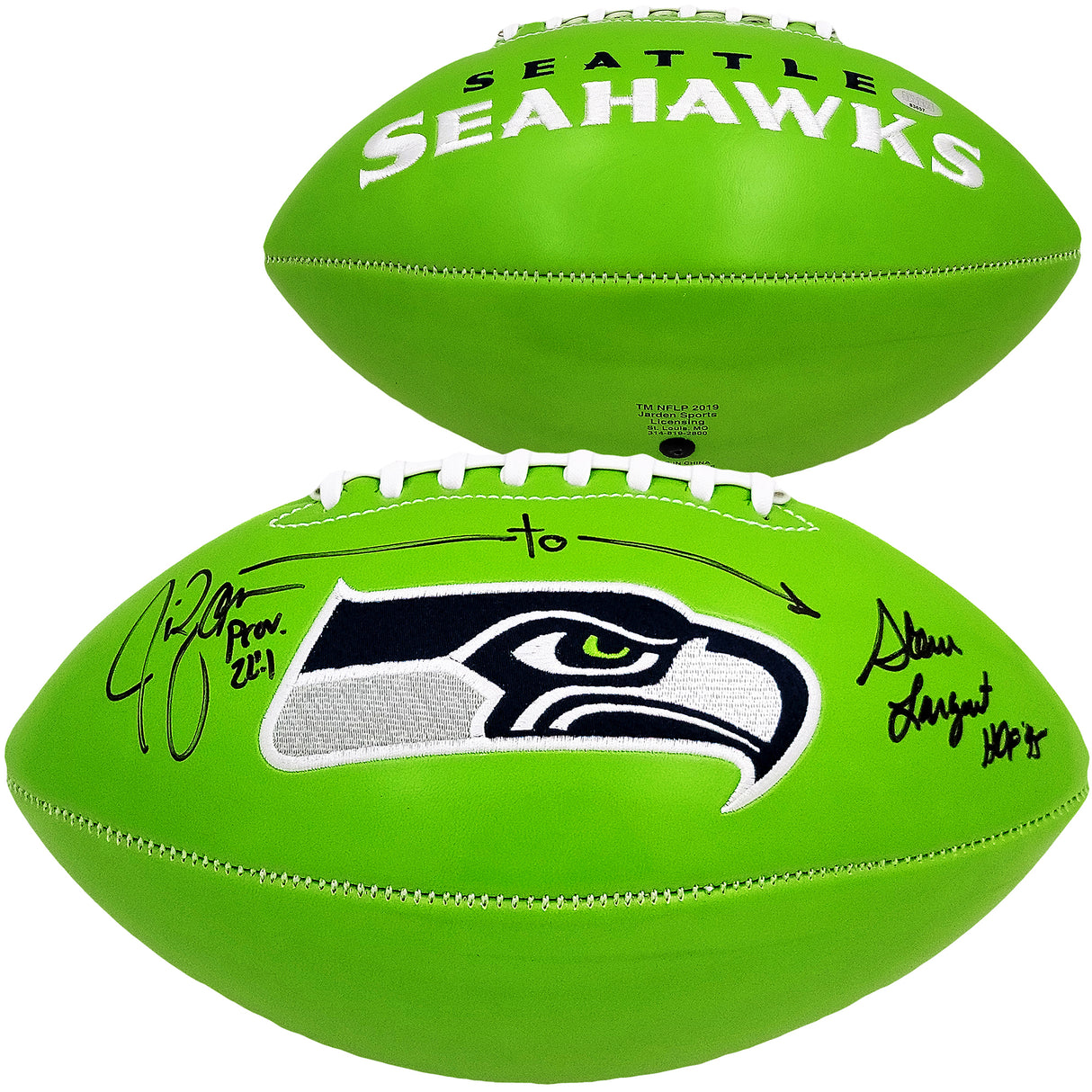 Steve Largent & Jim Zorn Autographed Seattle Seahawks Green Logo Football MCS Holo Stock #210467
