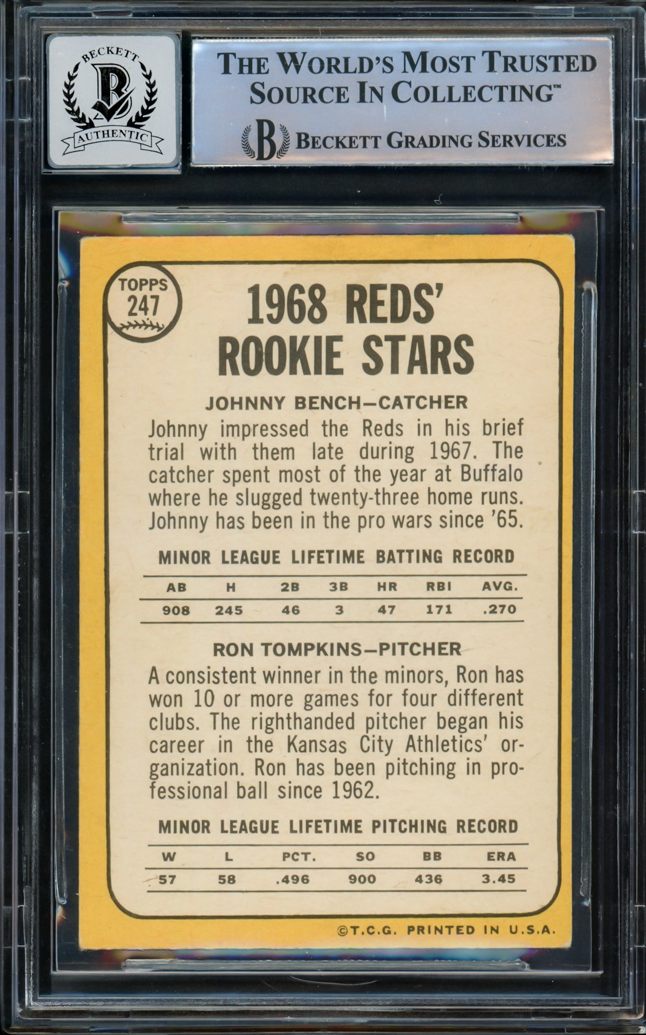 Johnny Bench Autographed 1968 Topps Rookie Card #247 Cincinnati Reds Auto Grade Gem Mint 10 Beckett BAS #14867869