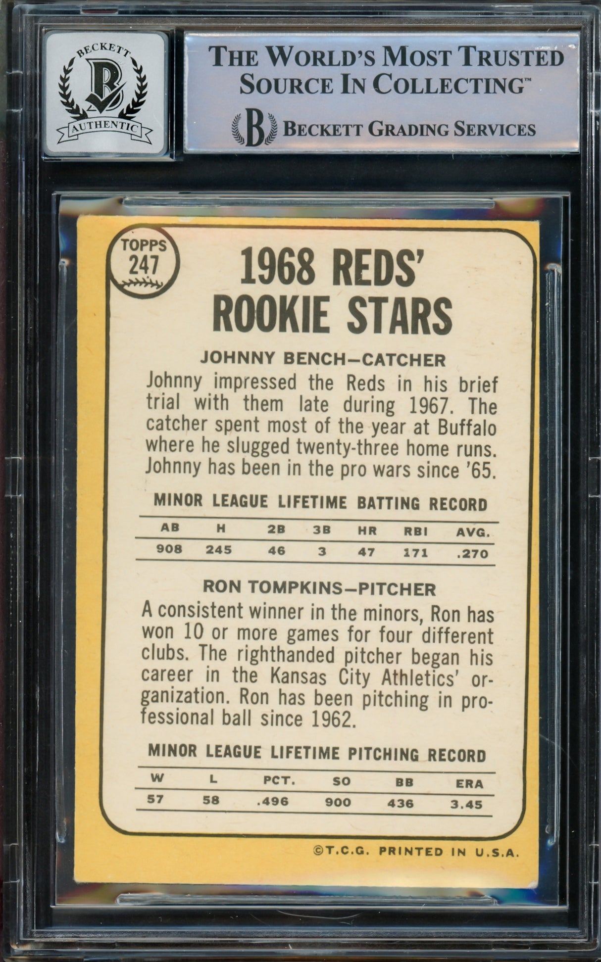 Johnny Bench Autographed 1968 Topps Rookie Card #247 Cincinnati Reds Auto Grade Gem Mint 10 Beckett BAS #14867889