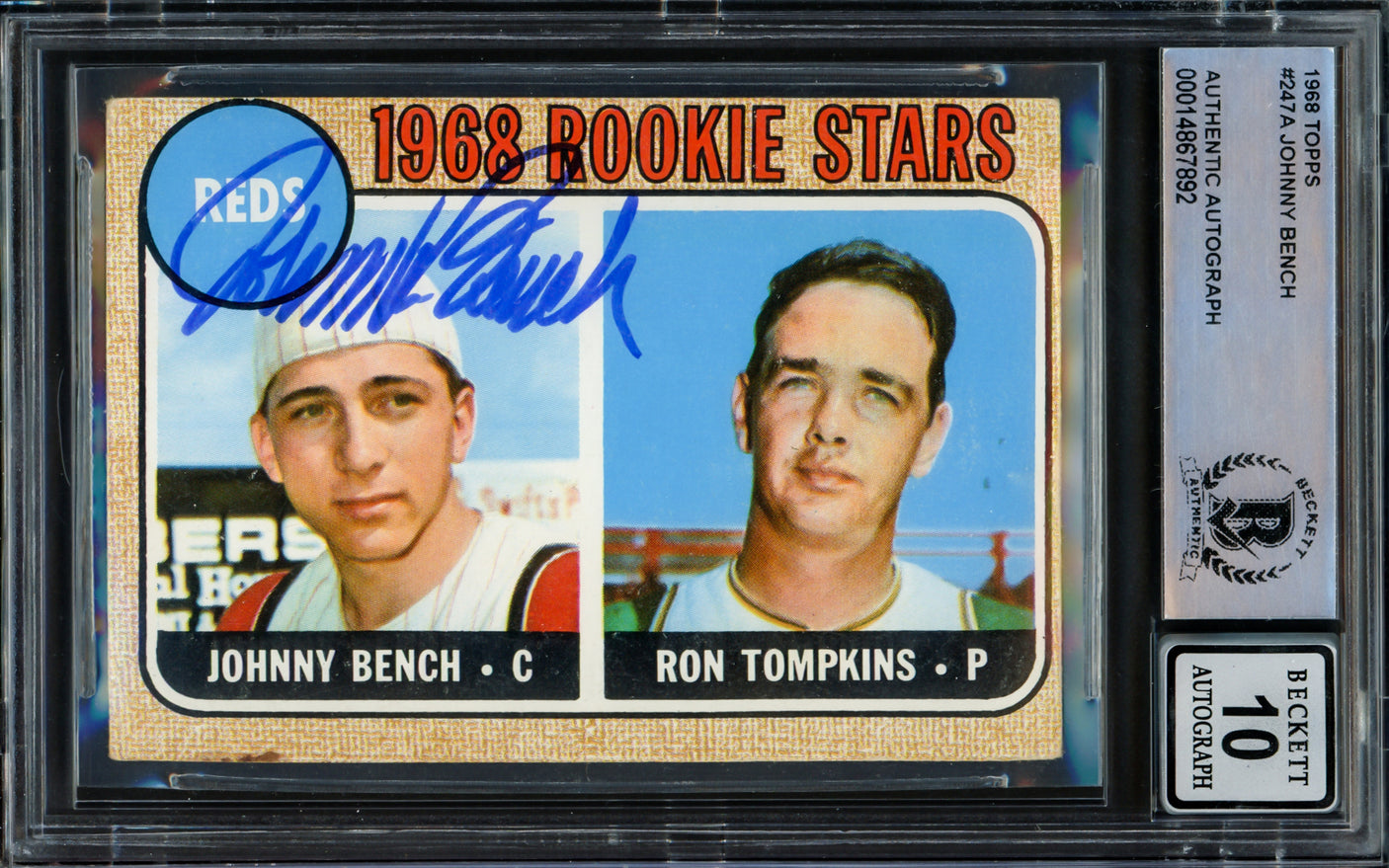 Johnny Bench Autographed 1968 Topps Rookie Card #247 Cincinnati Reds Auto Grade Gem Mint 10 Beckett BAS #14867892