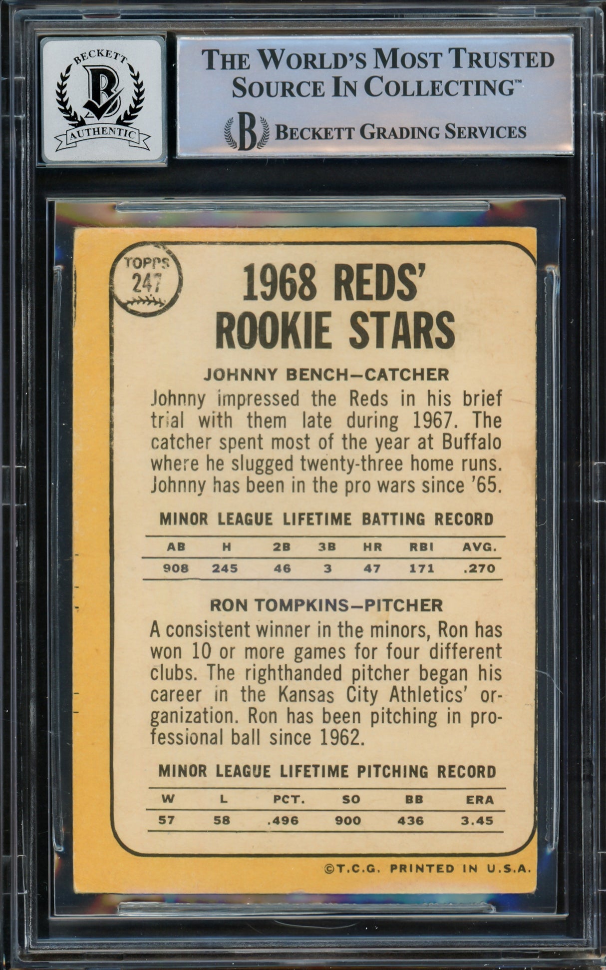 Johnny Bench Autographed 1968 Topps Rookie Card #247 Cincinnati Reds Auto Grade Gem Mint 10 Beckett BAS #14867892